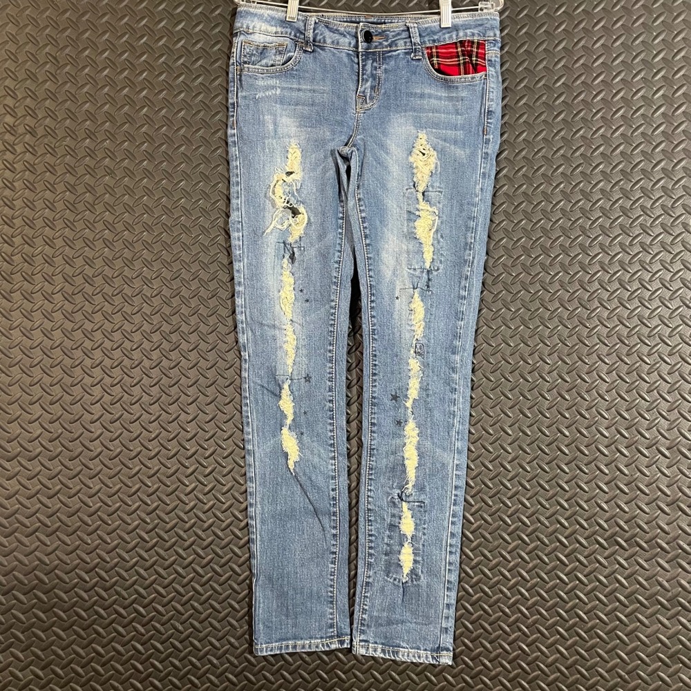 Black‎ Crystal Blue Light Washed Distressed Denim Mid Rise Skinny Jeans Women 9